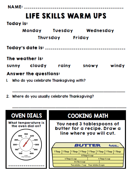 Life Skills Warm Up FREEBIE - Morning Work - Special Education