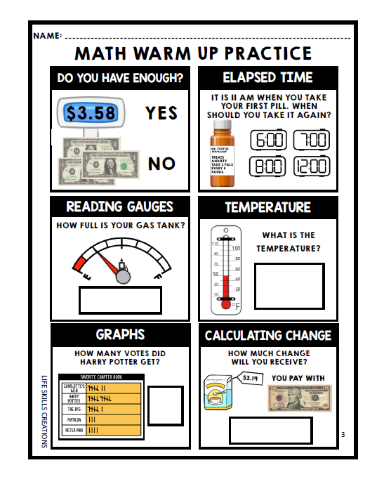 Math Warm Ups - Life Skills - Daily Work - FREEBIE