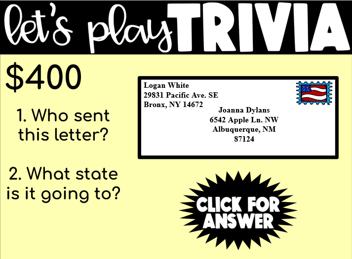 Life Skills Reading + Writing: Addressing Envelopes - Friendly Letter - JEOPARDY