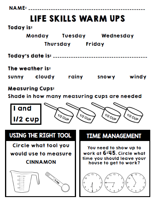 Life Skills Warm Up FREEBIE - Morning Work - Special Education