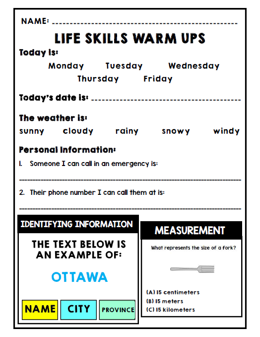 CANADIAN - Life Skills Warm Ups: WHOLE YEAR BUNDLE - Special Education