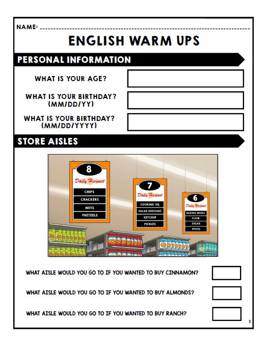 English Warm Ups - Life Skills - Daily Work - FREEBIE