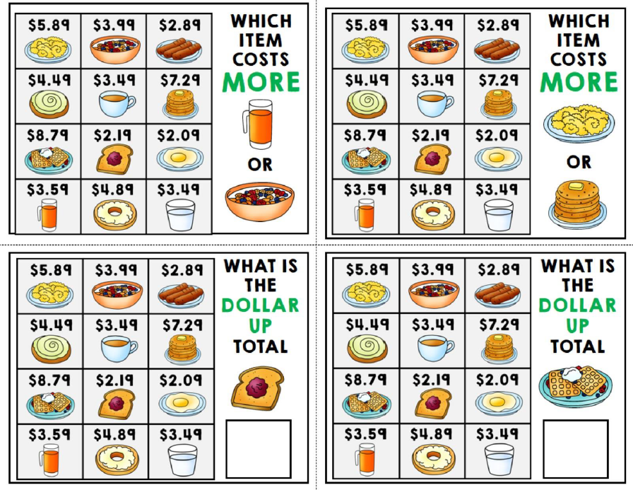 Life Skills Task Cards - Menu Math - Money - Budget - Dollar Up