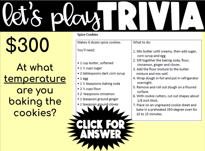 Life Skills Reading, Cooking and Measurement: Jeopardy Game GOOGLE