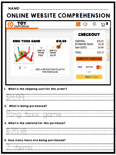 Life Skills - Reading - Online Shopping - Website Comprehension