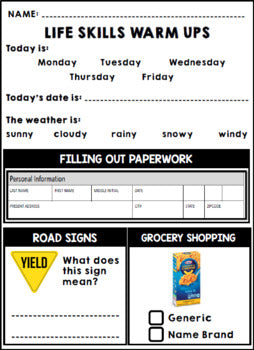 Life Skills - Warm Ups - Homework - Winter - Special Education - January