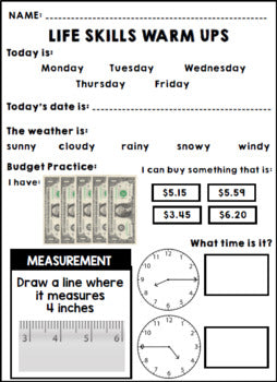 Life Skills February Warm Ups - Special Education - Reading - Writing - Math