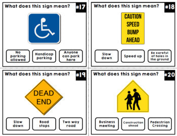 Life Skills - Reading - Road Signs - Driving Permit Practice - Cars - Task Cards