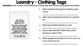 Life Skills Reading and Writing: How to Do Laundry - Clothing Tags