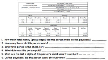 Life Skills Reading Writing and Math: Pay Stubs - Job Skills