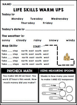 Life Skills Warm Ups - Homework - Summer - Special Education - June