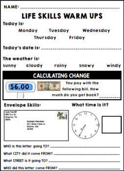 Life Skills Warm Ups - Homework - DECEMBER - Christmas - Special Education