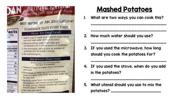 Life Skills - Reading - Cooking - Food Prep Directions - Special Ed - Unit Three