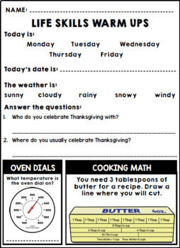 Life Skills Warm Ups - Homework - Thanksgiving - Special Education