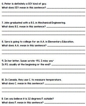 Abbreviation Worksheets - Sentence Practice - Special Education - Writing