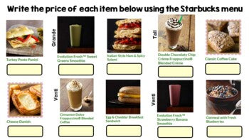 Life Skills Menu Math - Money - Starbucks - Special Education - GOOGLE - Budget