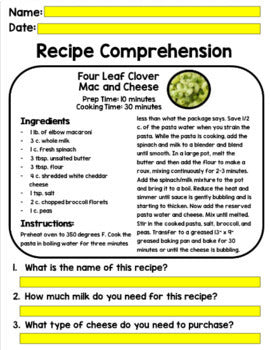Life Skills - St. Patrick's Day - Recipes - GOOGLE - Cooking - Reading