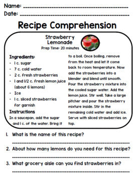 Life Skills - Recipes - Cooking - Summer - Special Education - Reading