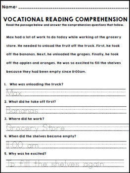 Life Skills - Job Skills - Vocational Reading Comprehension - Special Education