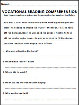 Life Skills - Job Skills - Vocational Reading Comprehension - Special Education