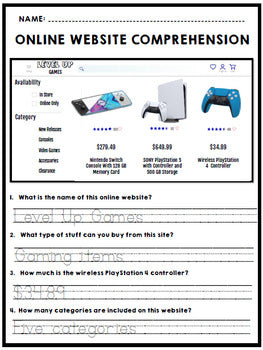 Life Skills - Reading - Online Shopping - Website Comprehension