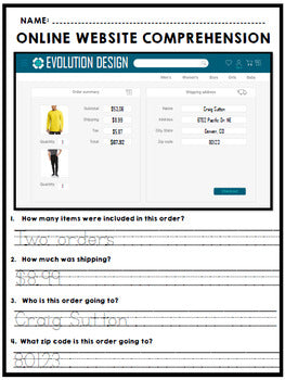 Life Skills - Reading - Online Shopping - Website Comprehension