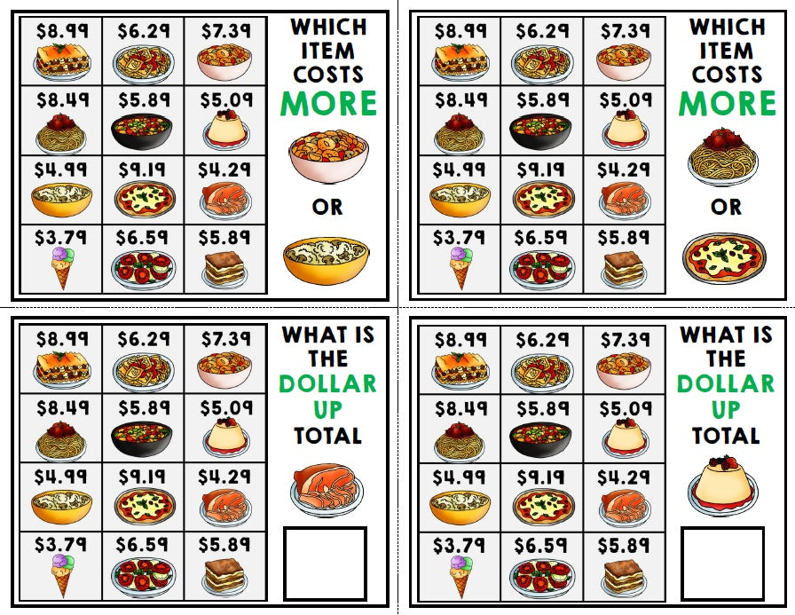 Life Skills - Menu Math - Task Cards - Special Education - BUNDLE
