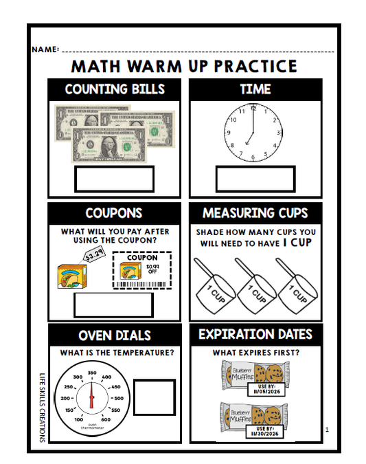 Math Warm Ups - Life Skills - Daily Work - FREEBIE