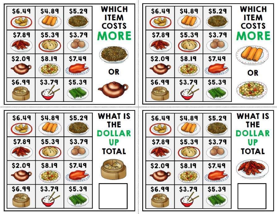 Life Skills Task Cards - Menu Math - Money - Budget - Dollar Up