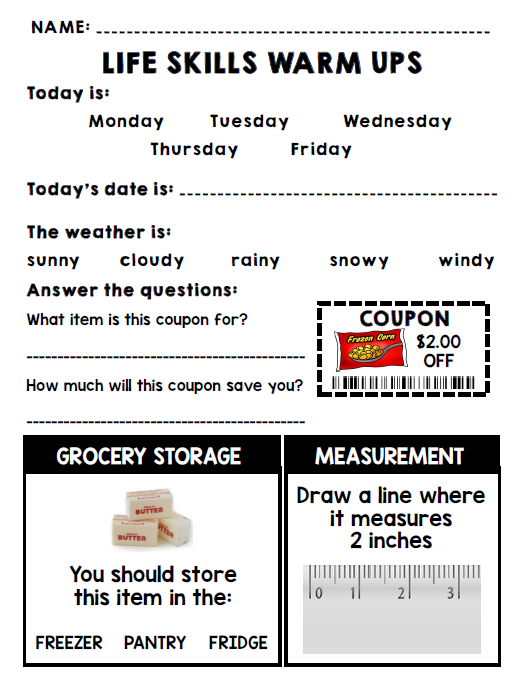 Life Skills Warm Up FREEBIE - Morning Work - Special Education