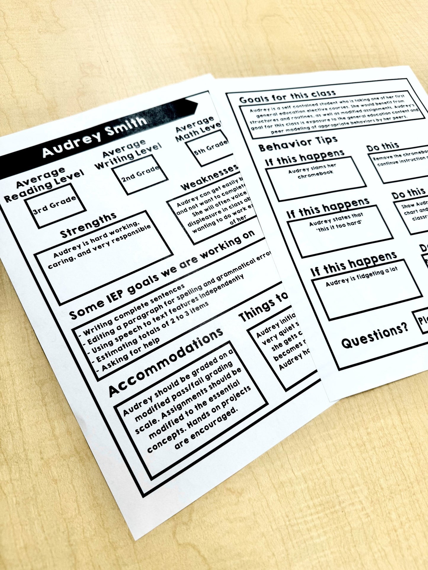Teacher Cheat Sheet Student at a Glance IEP Cheat Sheet Life Skills