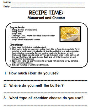 Life Skills - Recipe Comprehension - Cooking - Special Education - Unit Three