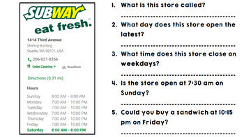 Life Skills - Reading - Hours of Operation - Special Education - Store Hours