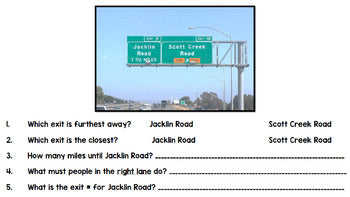 Life Skills - Road Signs - Freeway Signs - Reading - Writing - Math - Cars