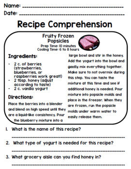 Life Skills - Recipes - Cooking - Summer - Special Education - Reading