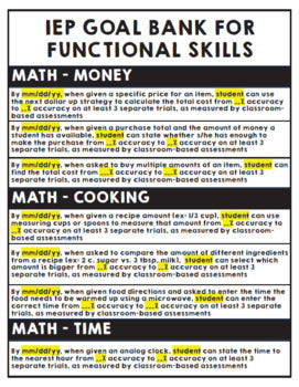 Functional Math Goals IEP Goal Bank FREEBIE - Life Skills - Functional IEP Goals - Special E ...