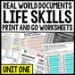 Life Skills - Real World Documents - Reading Comprehension Worksheets